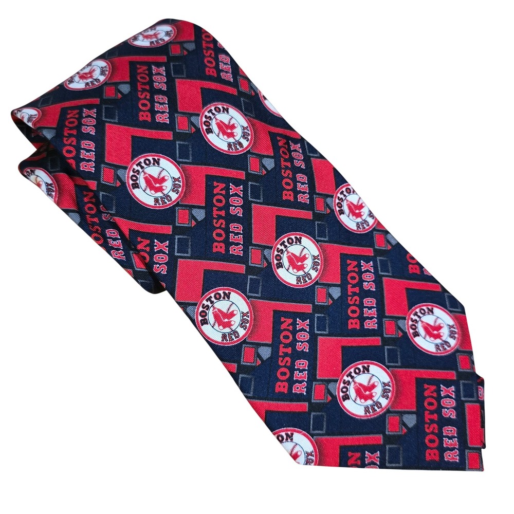 MLB Boston Red Sox Mens Silk‎ Necktie Navy Blue Red Geometric Logo Print BoSox